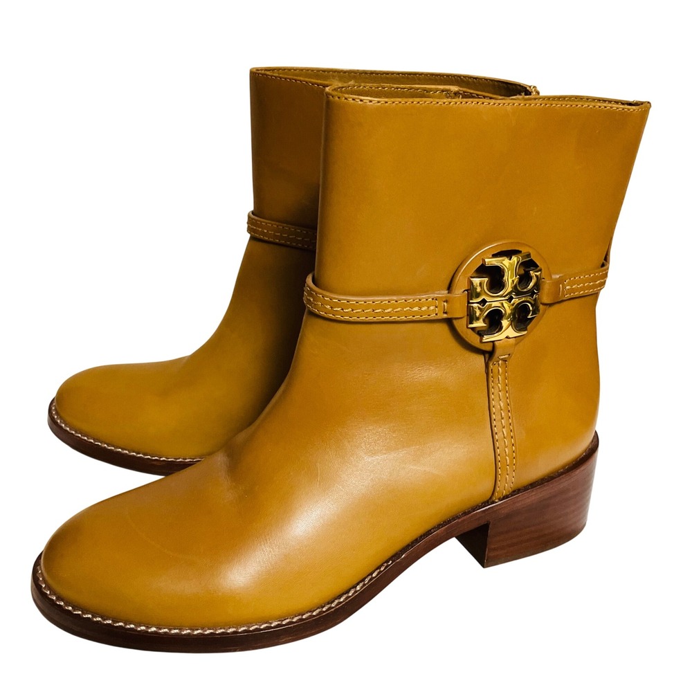 Tory Burch Miller Ankle Boots Women 9M Tan Excellent Leather Gold Logo Block - Picture 12 of 14